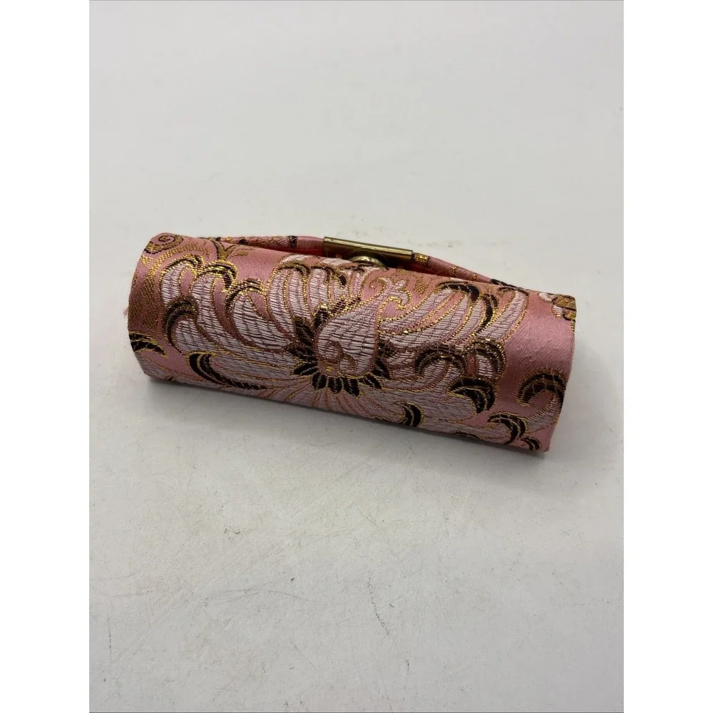 Vtg Chinese Pink & Gold Silk Brocade Lipstick Case w/ Mirror Retro Floral